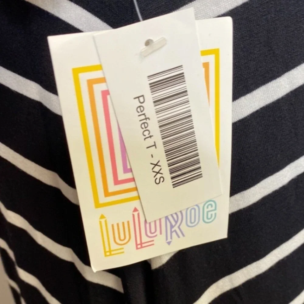LuLaRoe Perfect T Shirt Womens XXS Black White Striped Scoop Neck Short Sleeve